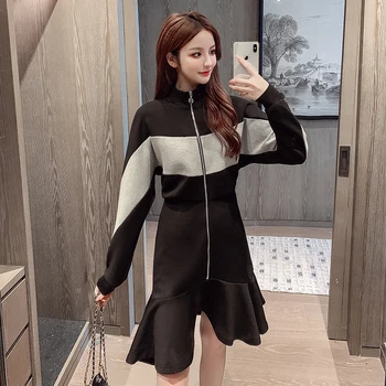 COIGARSAM Bežné Volánikmi Ženy jednodielne šaty kórejský Nové Jarné Vysoký Pás Šaty Black 5905