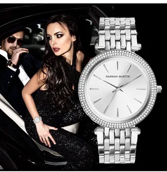 HANNAH MARTIN Luxusné Strieborné dámske Náramok Hodiniek Oceľ Remienok Dámy Šaty Hodinky Quartz náramkové hodinky relogio feminino Hodiny