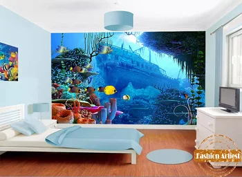 Vlastné deti chlapcov cartoon podmorské akvárium tapety nástenná maľba z morských rýb vraku lode gauč tv deti spálne, obývacia miestnosť, kaviareň, bar