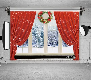 LB Vianočný Veniec Červený Záves na Okno, v Zime Sneh Dieťa Dieťa Portrét Pozadia Photocall Fotografické Pozadie