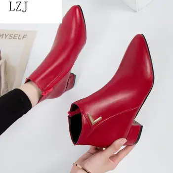 2020 Módne Ženy Topánky Bežné Kožené Nízke Vysoké Podpätky Jarné Topánky Žena Ukázal Prst Gumy Členková Obuv Black Red Zapatos Mujer