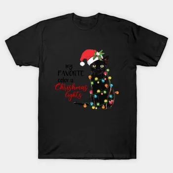 Moja Obľúbená Farba Je Vianočné Osvetlenie. Vtipné Black Cat Vianočný Darček Mens T-Shirt Bavlna Krátky Rukáv O-Krku Unisex Tričko Nové