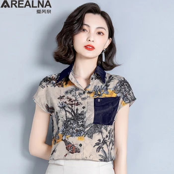 Kórejský Saténová Blúzka Ženy Móda 2020 Lete Estetické Vintage Kvetinový Hodváb Tričko, Top Žena, Krátky Rukáv Košieľka Nadrozmerná Femme