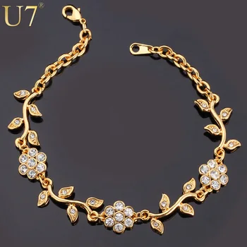 U7 Crystal Kvet, List Kúzlo Náramky Zlatá Farba Reťazca Drahokamu Náramok Bangles Romantický Roztomilý Šperky Pre Ženy Darček H380