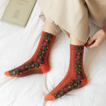 2020 Zimné Nové Retro Ženy Ponožky Palác, Národné Štýl Vzor Vytlačené výšivky Ponožky Strednej dĺžky Osobné Bavlnené Ponožky