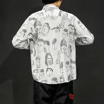 2019 kórejský Štýl, pánske Oblečenie Cartoon Tlač Dlhé Rukávy Havajské Coats francúzska Manžeta Čierna/sivá/biela Košeľa Veľká Veľkosť M-5XL
