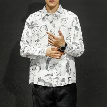 2019 kórejský Štýl, pánske Oblečenie Cartoon Tlač Dlhé Rukávy Havajské Coats francúzska Manžeta Čierna/sivá/biela Košeľa Veľká Veľkosť M-5XL