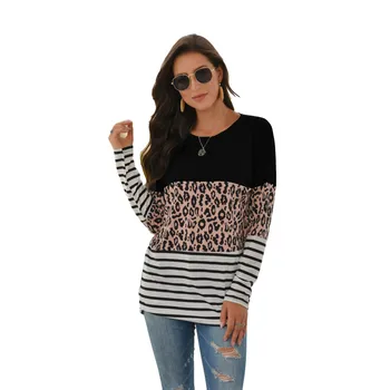 2020 Nové Jeseň T Shirt Ženy Leopard Prekladané Patchwork Tričko Bežné Dlhý Rukáv Bavlna Tee Tričko Fashion Zena Top Plus Veľkosť