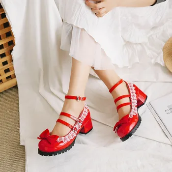 2020 jar jeseň Ženy, Čerpadlá Lolita Topánky na Platforme Vysoké Podpätky, červenej čipky Mary Jane Topánky Luk Blok Päty Dámy Strany Shoes31