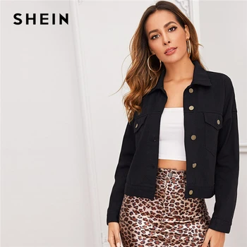 SHEIN Black Singel svojim Tlačidlo Dopredu Denim Jacket Kabát Ženy 2019 Jeseň Streetwear Vrecku Patch Bežné Outwear Pre Dámy