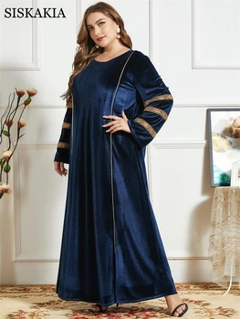 Siskakia Plus Veľkosť Velvet Výšivky Maxi Šaty pre Ženy, Námornícka Modrá Zimné 2020 Dubaj Dlhý Rukáv Moslimských arabčina Turecko Oblečenie