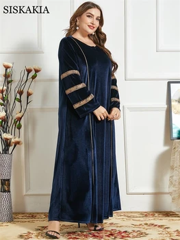 Siskakia Plus Veľkosť Velvet Výšivky Maxi Šaty pre Ženy, Námornícka Modrá Zimné 2020 Dubaj Dlhý Rukáv Moslimských arabčina Turecko Oblečenie
