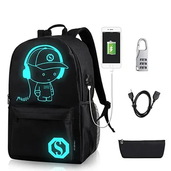 Anime Svetelný Študentský Školský batoh Školský Batoh Pre Chlapca, dievča Daypack Multifunkčné USB Nabíjací Port a Zámok Školy Taška Čierna
