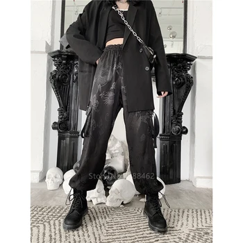 Japonské Ženy Vintage Kimono Haori Gotický Čierne Nohavice Harajuku Streetwear Dragon Vysoký Pás Tradičné Oblečenie Voľné Nohavice