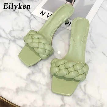 Eilyken Hnedá Modrá Zelená PU Kožené Papuče Ženy Vonkajšie Módy Sexy Štvorcové Prst Sandále Stiletto Podpätky Dámy Strany Topánky