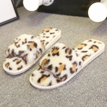 Ženy, zimné papuče Teplé Leopard Mäkké Plyšové Papuče Interiéri Anti-slip Poschodí Spálňa Topánky flip flops kožušiny listov hy179