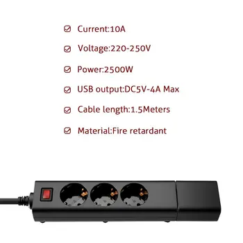 Sieťový filter 3-Prepäťová ochrana Zásuvky rozvodky s Viacerými Port USB Nabíjačku 1,5 M Kábel, Predlžovací Kábel EÚ Zástrčku Sieťovej Zásuvky