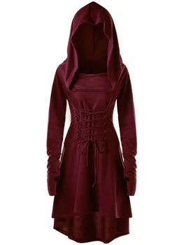 Stredoveký Kostým Ženy Čipky S Kapucňou Vysoká Nízka Šaty Dievčatá Viktoriánskej Bežné Hoodies Bunda, Kabát