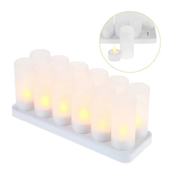 Nabíjateľná Flameless Sviečka,12 Ks Žlté Svetlo LED Blikajúce Svetlá Čaj A 12 Matné Poháre,S Nabíjacej Základne,UK Plug