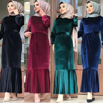 Wepbel Slim Fit Dlhý Rukáv Abaya Elegantné Velvet Moslimské Oblečenie Farbou Vysoký Pás Šaty Plus Veľkosť Lotus Leaf Maxi Šaty