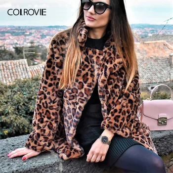 COLROVIE Leopard Tlač Streetwear Zimné Umelú Kožušinu Bunda, Kabát Ženy Oblečenie 2018 Jeseň Fashion Office Teplé Dámske vrchné oblečenie