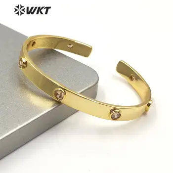 WT-MB117 Veľkoobchod zlato elektrolyticky pokrývajú mosadz putá náramok micropave CZ kameň zlato náramok úžasné módne trendy náramok ženy