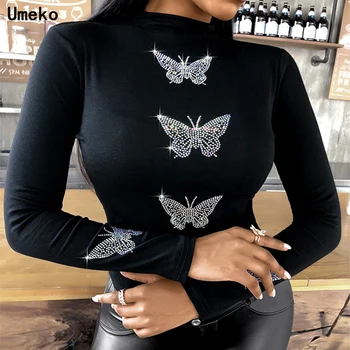 Plus Veľkosť Motýľ Turtleneck Dlhý Rukáv Bodycon T-shirt pre Sexy Lady Drahokamu Tee Topy 5XL Flitrami Clubwear Y2K Oblečenie