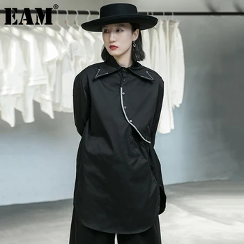 [EAM] Ženy Black Line v Split Spoločné Dlhá Blúzka Nové Klope Dlhý Rukáv Voľné Nosenie Tričko Fashion Príliv Jar Jeseň 2021 1DA906