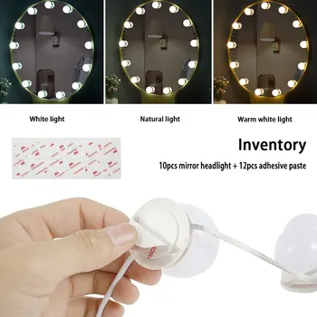 USB LED Zrkadlo na líčenie Svetlo Zrkadlo Predné Svetlo 5V make-up Svietidlo Nástenné svietidlo Krásu 10 Žiarovky Auta Stmievateľné Zrkadlo Svetlá Troch farieb