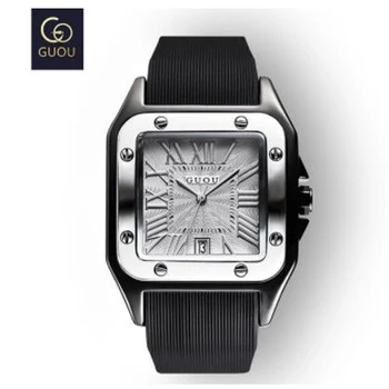 Móda GUOU Top Značky Hodinky pánske Luxusné náramkové hodinky Gumy Kremíka Úplne Bežné Šaty Sledujte Muž Námestie Quartz Hodiny