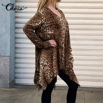 2021 Jeseň Fashion Asymetrický Dlhé Top Ženy Leopard Tlač Tričko Príležitostné Voľné Dlhý Rukáv, Blúzky, Celmia tvaru Pletené Blusas 7