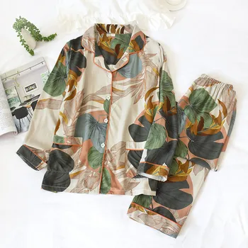 Kvetov Vytlačené Dvojdielne Plavky Pyžamá Ženy Dlhý Rukáv Elastické Nohavice Žena Bežné Oblečenie Pre Voľný Čas 2020 Jesenné Módne Dámy Sleepwear