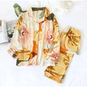 Kvetov Vytlačené Dvojdielne Plavky Pyžamá Ženy Dlhý Rukáv Elastické Nohavice Žena Bežné Oblečenie Pre Voľný Čas 2020 Jesenné Módne Dámy Sleepwear