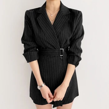 Slim Fit Oblek, Sako Šaty Vertikálne Pruhy Singel svojim Čipky Pás Plný Rukáv Jeseň Šaty kórejský Módne Office Lady
