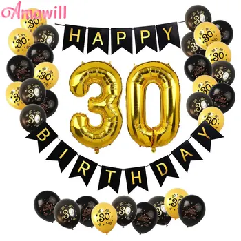 Amawill 30. Happy Birthday Party Dekorácie Zlato Číslo Fóliové Balóniky 30 Rokov Výročia, Narodeniny, Party Dekorácie Adlut 8D