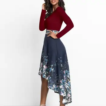 2019 Novej dámskej Módy Jeseň Šaty Elegantné Dlhé Rukávy Okrúhle Krčný Šitie Nepravidelný Lem Tlač Šaty