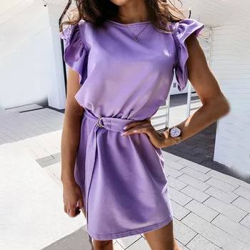 Letné Prehrabať Krátky Rukáv Šaty Žien Fialová Príležitostné S Pásom Sexy Mini Šaty Žena 2020 Streetwear Módy Dámske Oblečenie