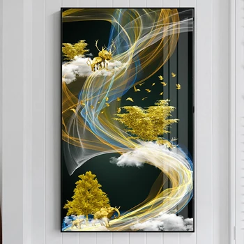 Plátno Abstraktné Golden Line Jelene a Strom V Cloud Maľovanie Tableaux Veľký Plagát Tlač Zlato Wall Art Obraz F Obývacia Izba 4-47