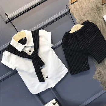 AiLe Králik 2018 nový chlapec gentleman vyhovovali falošné šatkou kravatu, košeľu, nohavice 2 ks vyhovovali módne krátky rukáv pruhované nohavice Deti Oblečenie
