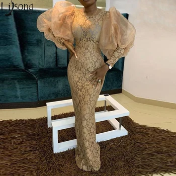 Aso Ebi Vintage Zlato Čipky Večerné Šaty 2020 Nový Plášť Dĺžka Podlahy Opuchnuté Dlhý Rukáv Africkej Ženy Formálne Šaty Prom Šaty