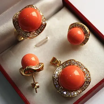 Veľkoobchod ušľachtilý šperky set 18KGP+12-14 mm orange shell perly,prsteň, prívesok & stud náušnice