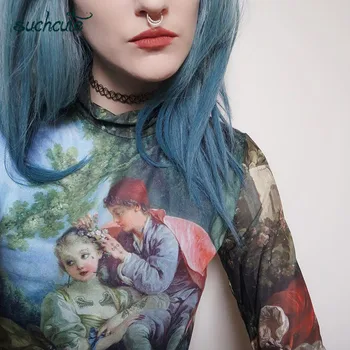 SUCHCUTE šitie trend Retro žena tričko dlhý rukáv 2019 bodycon tee grafické tlače dizajnér gothic fashion club ženy topy
