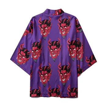 #7051 Streetwear Diabol Vytlačené Kimono Bunda Mužov Lete Harajuku Voľné Havajskej Pláži Fialová Ružová Voľné Suncreen Kimono Plášte