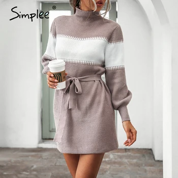 Simplee Fashion stripe pletené šaty Čipky útulné vysoká krku horela rukáv šaty na Jeseň v teple bežné krátke dámske šaty 2020 nové