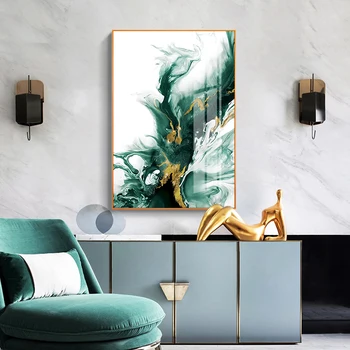 Zelená Achát Abstraktné Maliarske Plátno Golden Leaf Nordic Plagáty a Tlačí na Steny Umenie Fotografie pre Obývacia izba Moderného Domova
