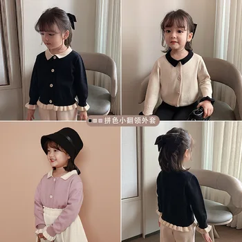 Dievčatá 2020 jeseň nové módne cardigan kabát deti jednoduchý farebný kontrast pletené bunda