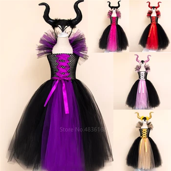 Maleficent z zlá Kráľovná Tutu Sukne pre Dievčatá Šaty s Rohmi Halloween Čarodejnice Cosplay Kostým Dievčatá detský Karneval Party
