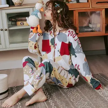 Nové Jesenné Zimné Sleepwear 2 Ks Držiaky Pre Ženy 'S Bavlnené Pyžamá Zase Dole Golier Oblečenie Pre Voľný Čas Veľkej Veľkosti Pijama Pyžama