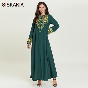 Siskakia Elegantné Arabskom Dlhé Šaty Stručný Okrúhlym Výstrihom, Dlhý Rukáv Swing Moslimské Oblečenie Elegantný Kvetinové Výšivky Plus Veľkosť Šaty