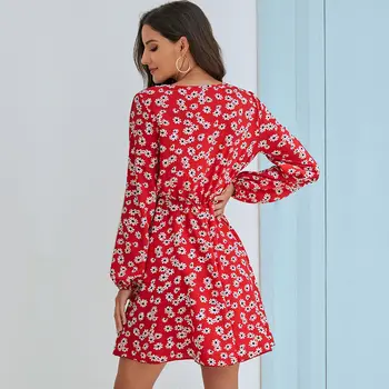 Sexy červené zábal mini šaty, tvaru, kvetinový tlač, daisy, šaty, ženský, boho, dlhý rukáv, na jeseň šaty pracovné odevy